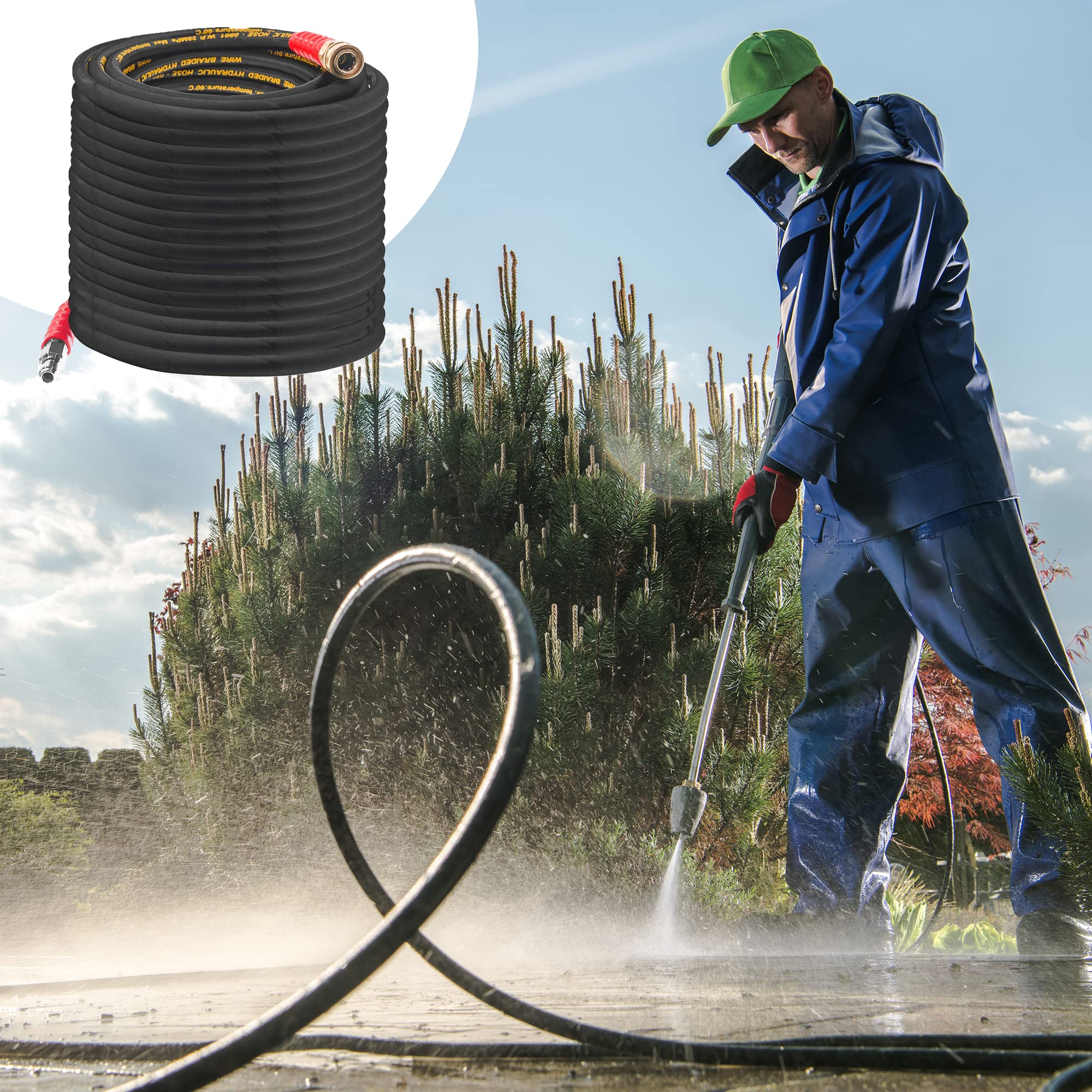 Hourleey rubber core with steel-wire braid provides durability and flexibility.