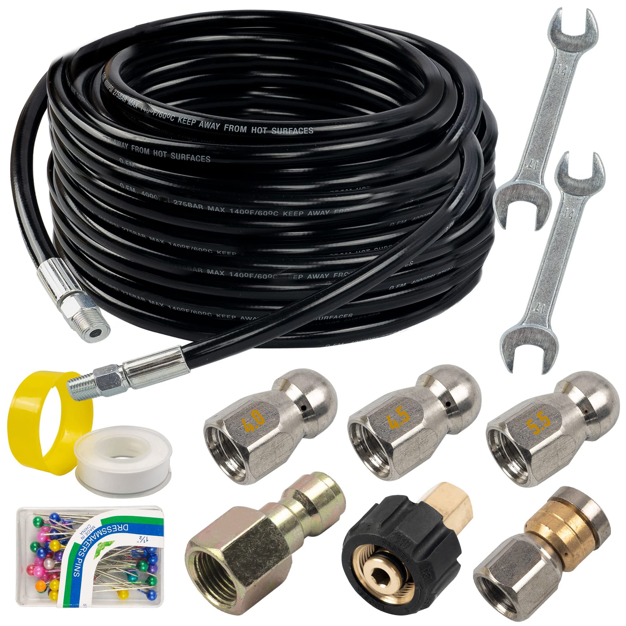 Hourleey Sewer Jetter Kit 50ft hose demonstrates flexible flushing for clogged drains.