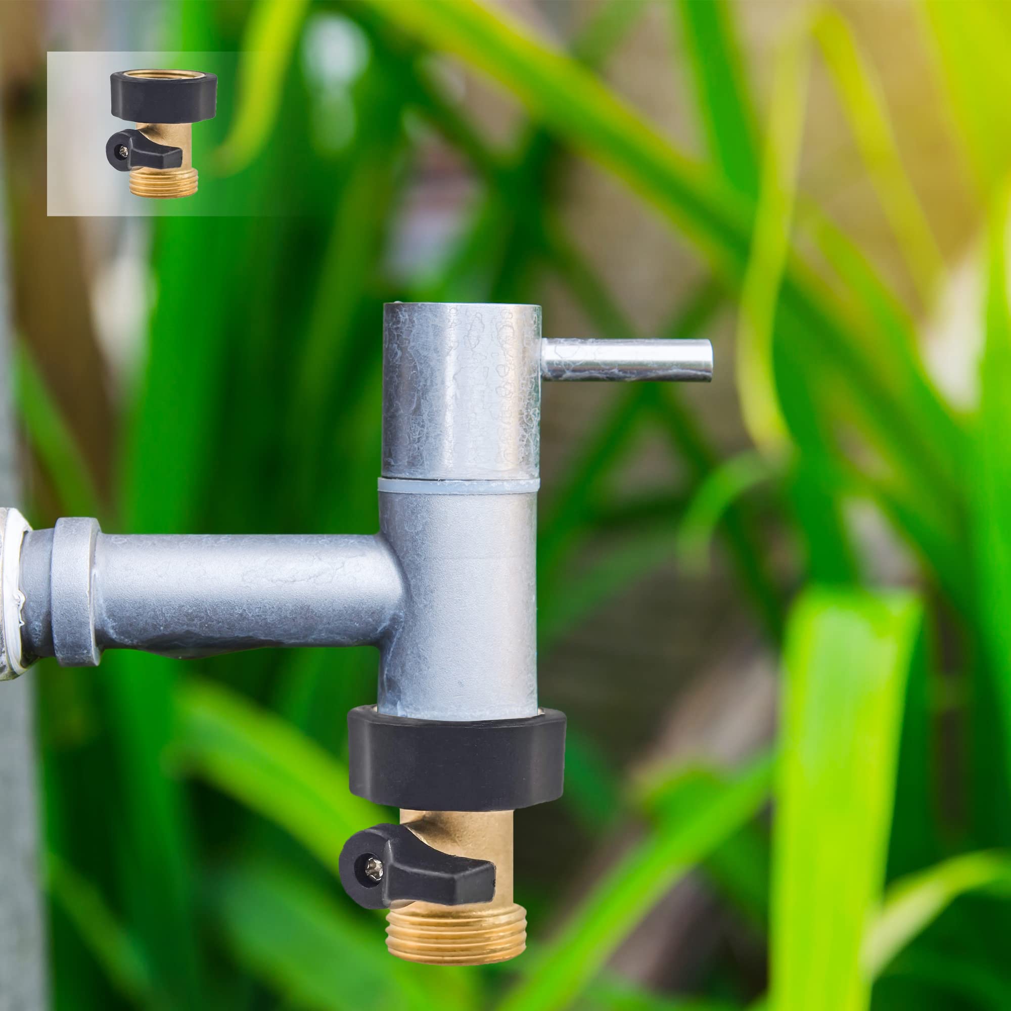 Hourleey two valves on a garden setup illustrate effortless on/off control.