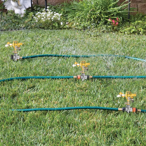 Hourleey water-flow-thru sprinkler enables uniform yard watering.