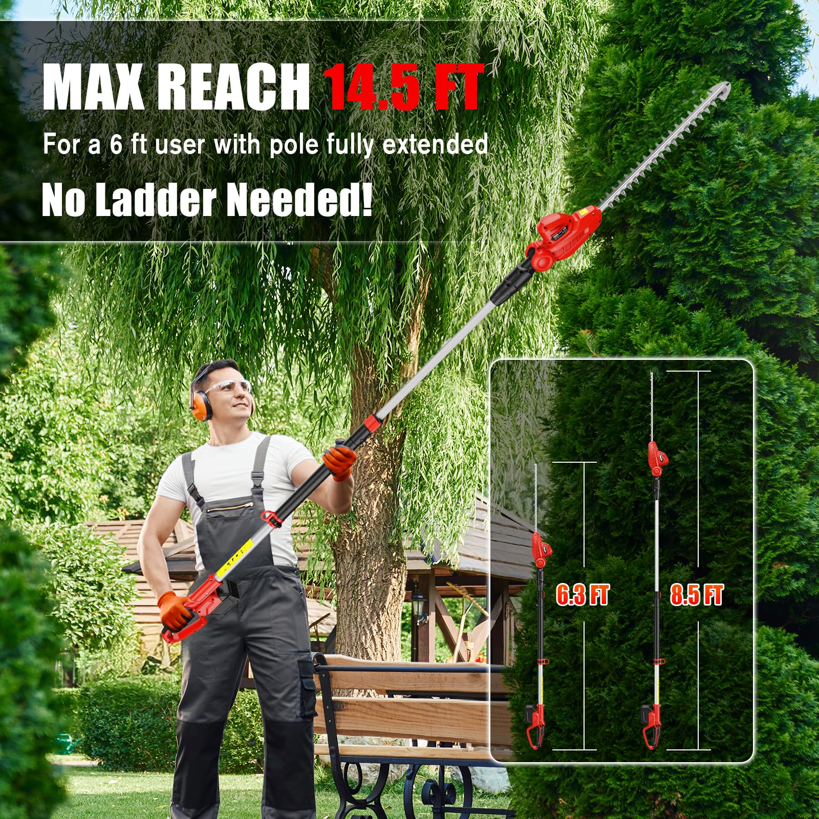Houselife extendable pole demonstrates extended reach for overhead trimming