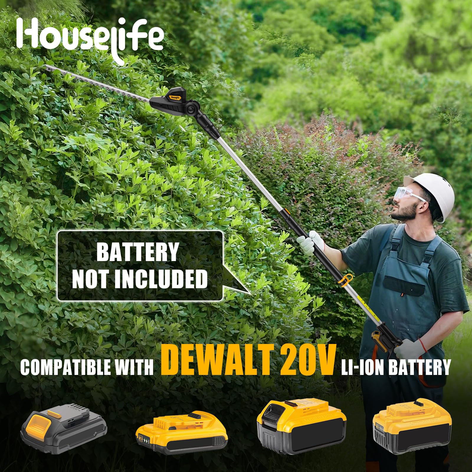 Houselife extendable pole hedge trimmer demonstrates 14.5ft reach for tall hedges.