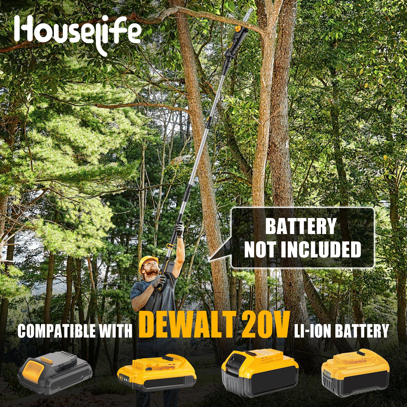 Houselife pole saw shows 14.8 ft reach with telescoping extension.