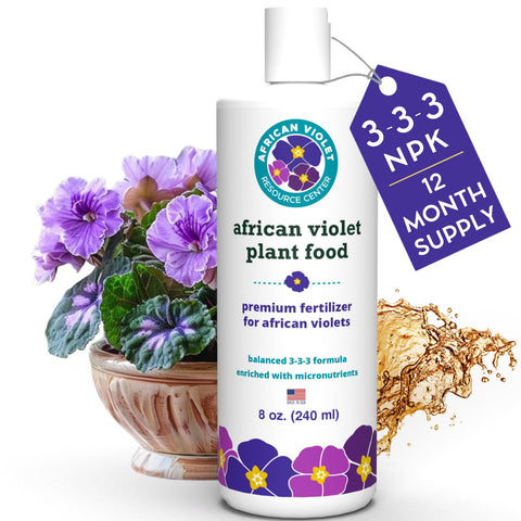 HOUSEPLANT RESOURCE CENTER African Violet Fertilizer bottle promotes strong roots and vibrant blooms.