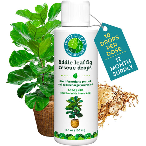 Houseplant Resource Center Rescue Drops bottle for quick root-stress relief on fiddle leaf figs.