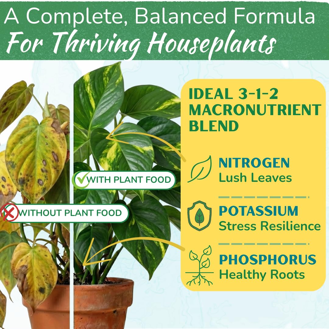 Houseplant Resource Center Organic Liquid Fertilizer label shows gentle, chelated nutrients in a safe formula.