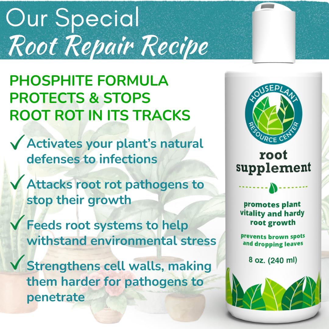 Houseplant Root Rot Repair label detail emphasizing usage and benefits.