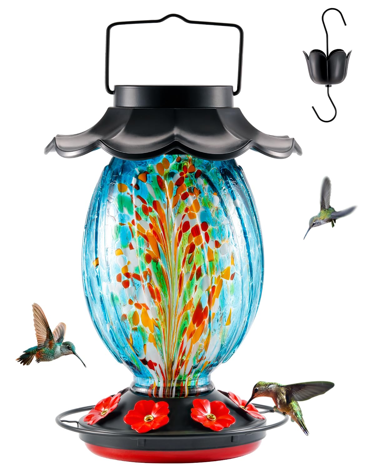HouseSapp Solar Hummingbird Feeder with blue glass bottle attracts hummingbirds outdoors
