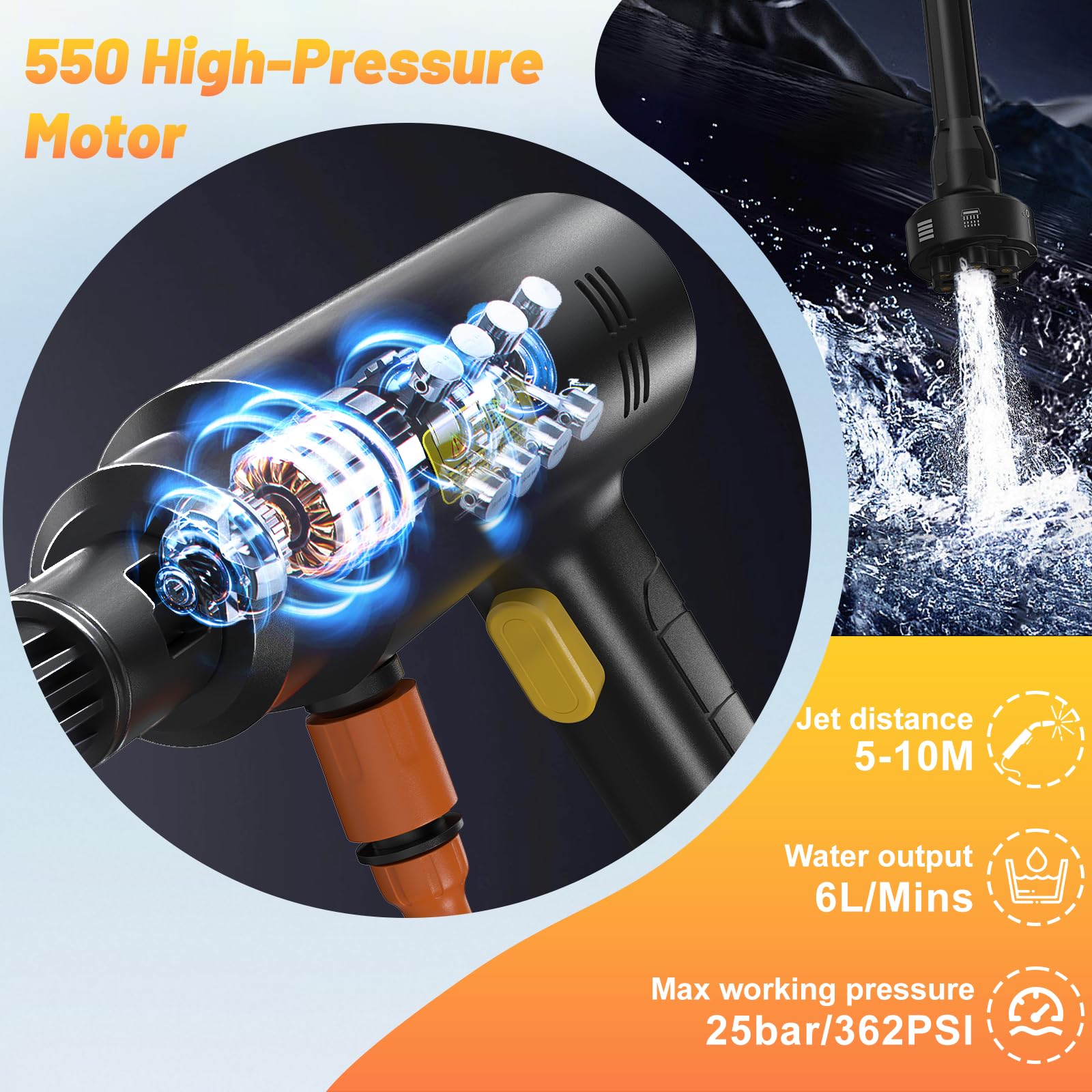 Housiwill 6-in-1 nozzle attachments enable versatile spray options for car, patio, and more.