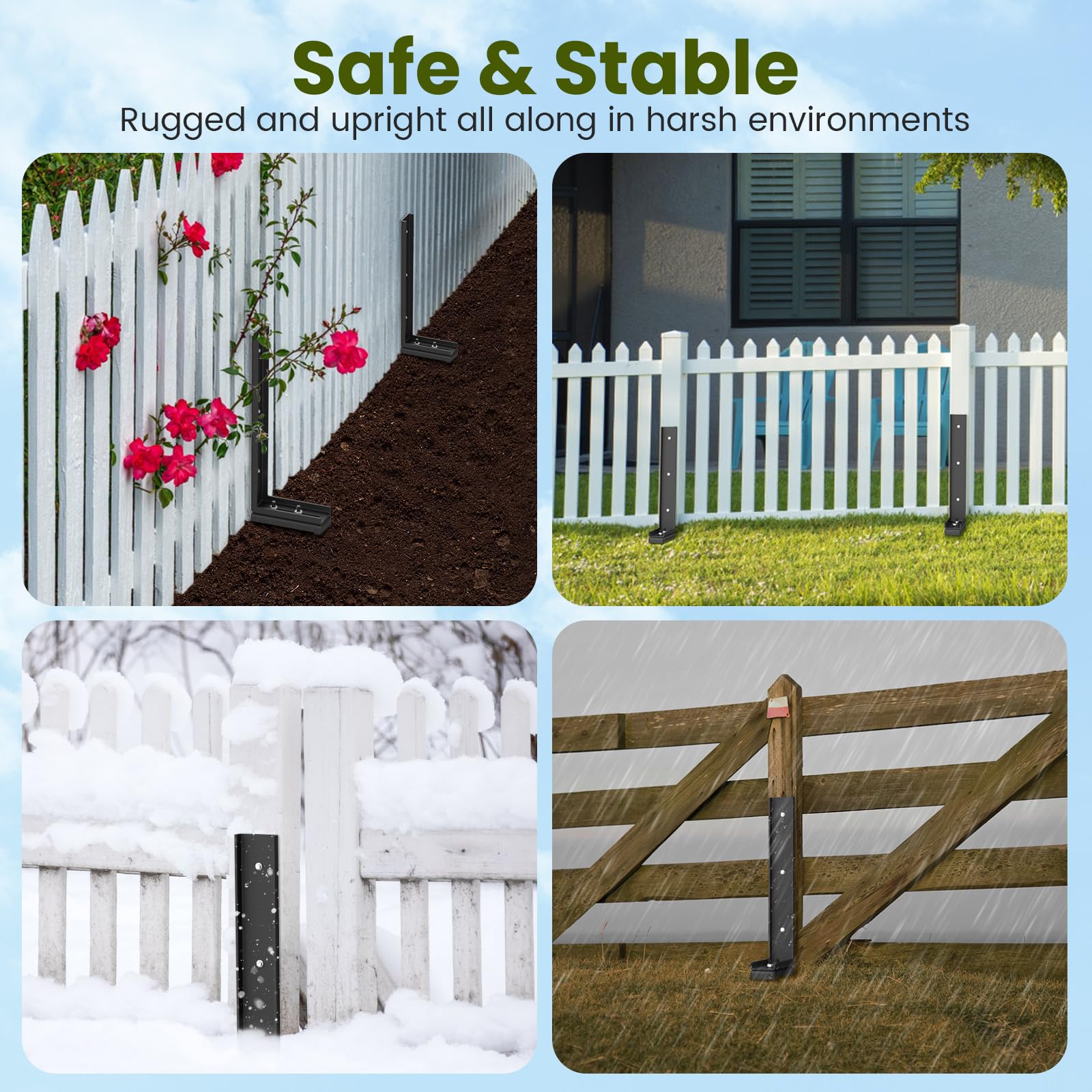 Housolution repair kit supports gates, fences, and signs in garden settings.