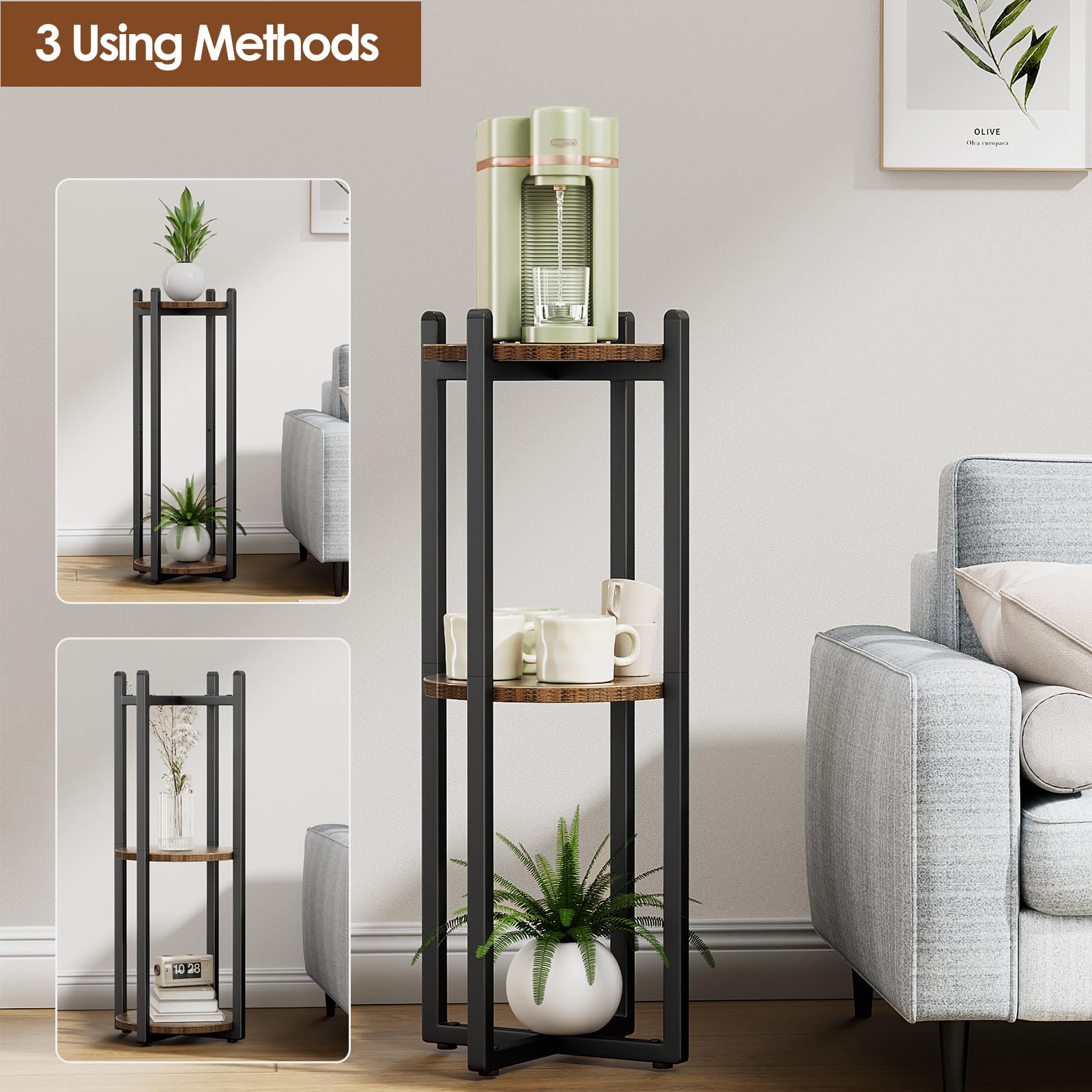 Housolution stand with black iron frame and brown shelves offers modern kitchen elegance.