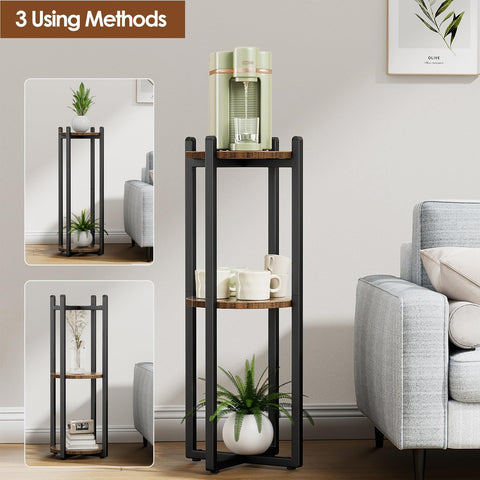 Housolution stand with black iron frame and brown shelves offers modern kitchen elegance.