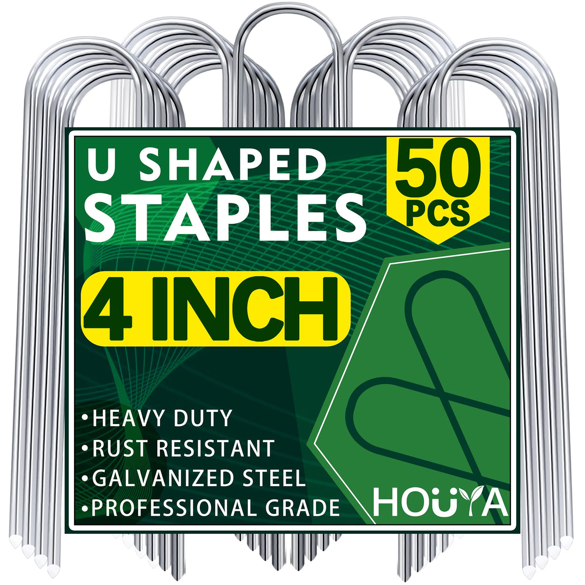 Houya 4-inch U-shaped stake securing drip irrigation lines with durable support.