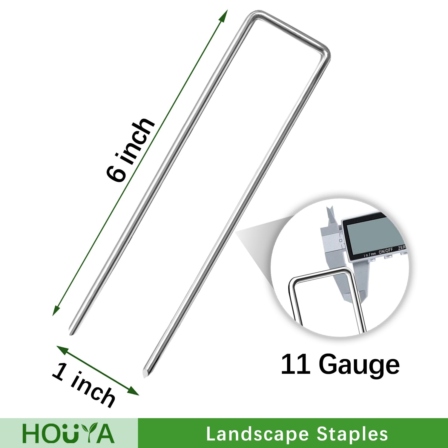 Houya beveled-end staples penetrate turf and fabric with ease.