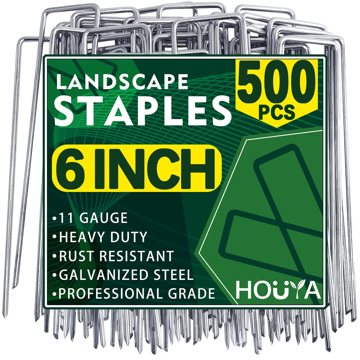 Houya landscape staples, 6 inch, 11 gauge, galvanized for secure weed barrier support.