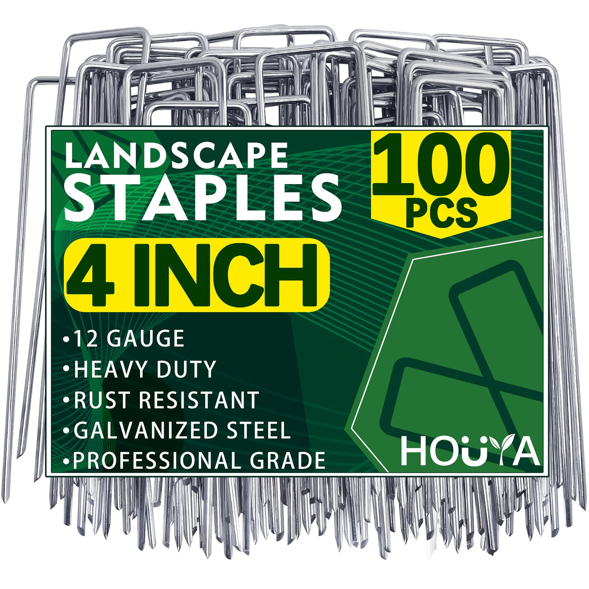 Houya landscape-staples-beveled-ends ease turf penetration and secure landscape fabric.