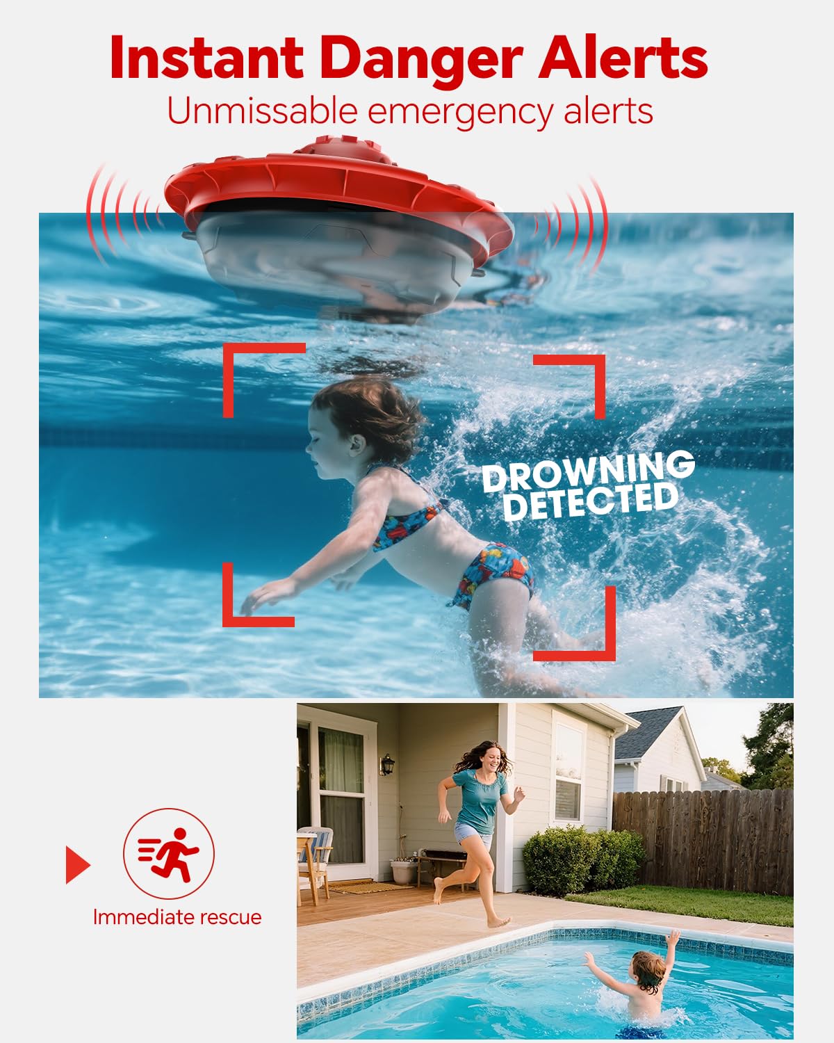 Hovara pool alarm red and black design delivers high visibility for quick recognition.