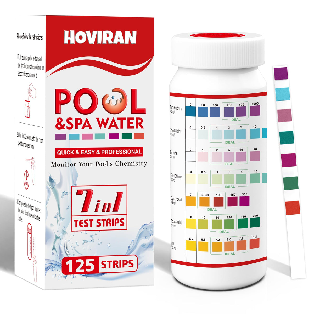 HOVIRAN pool test strips 7way bottle showing quick, reliable balance readings