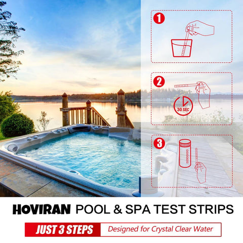 HOVIRAN pool test strips dipping sample demonstrates easy water testing