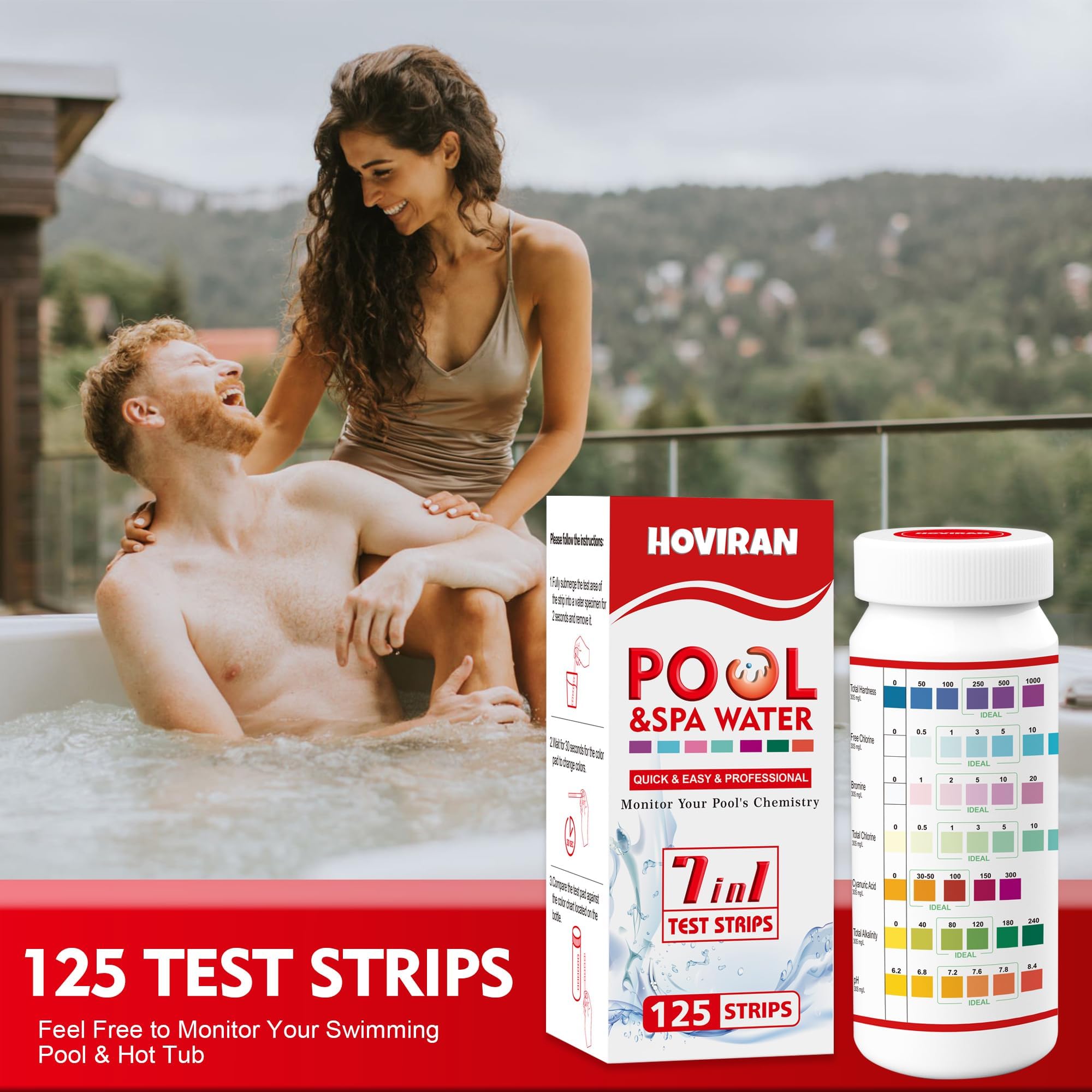 HOVIRAN pool test strips in spa water showing test for balance