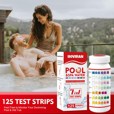HOVIRAN pool test strips in spa water showing test for balance