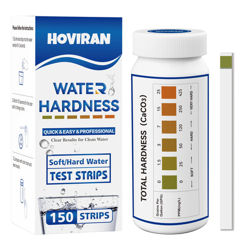 HOVIRAN water hardness test strips bottle close-up for easy at-home testing