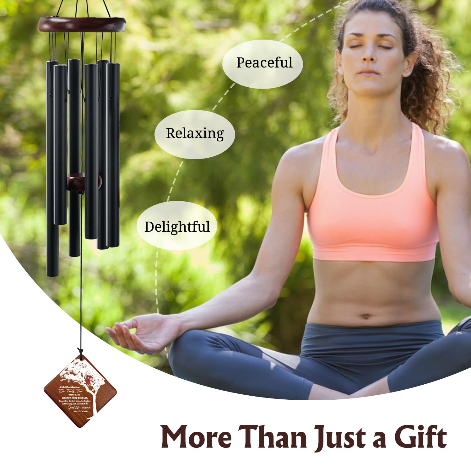 Howarmer outdoor wind chimes on patio, durable aluminum and pine for lasting remembrance.