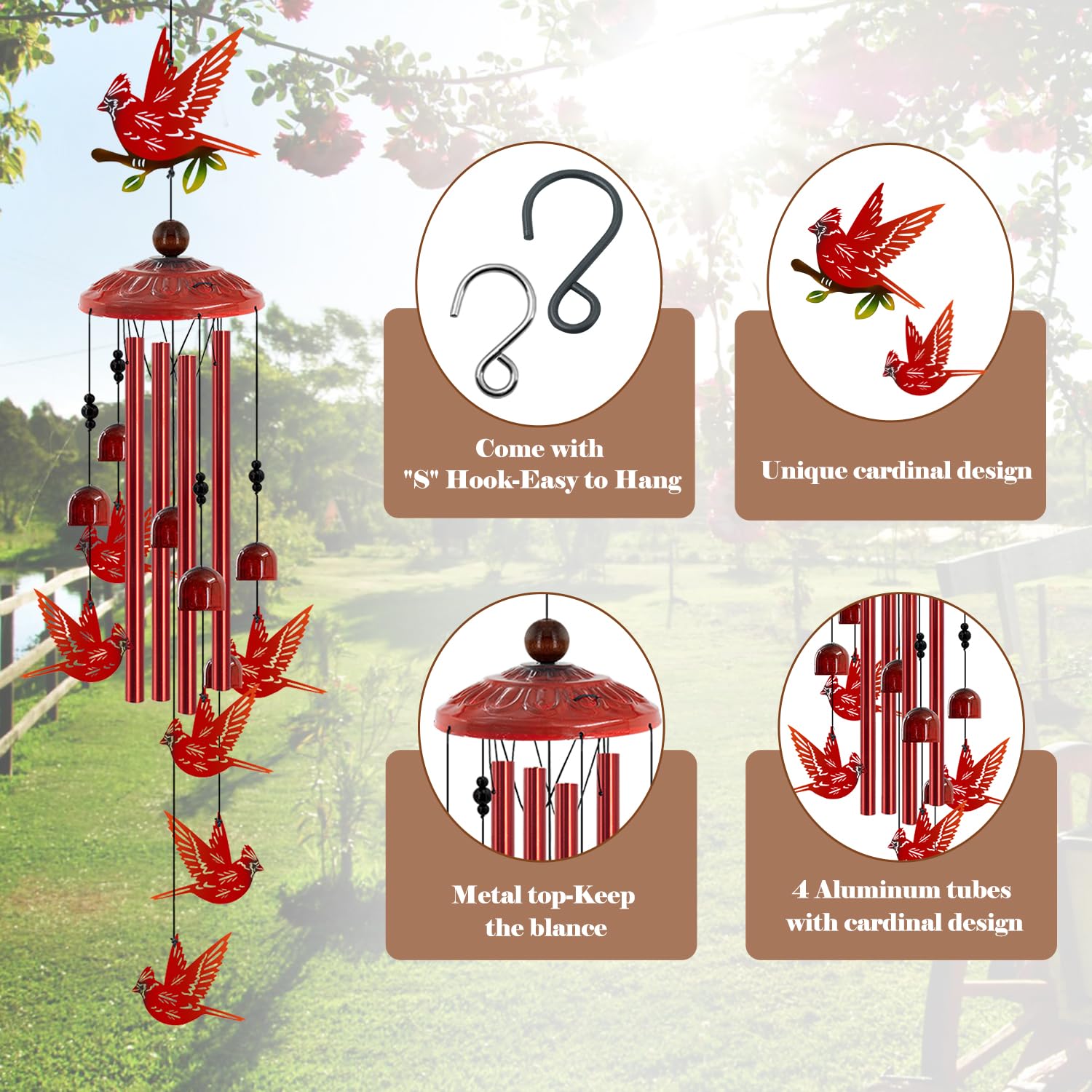 Howarmer Cardinal Wind Chimes with four tuned tubes produce crisp, soothing tones in any breeze.