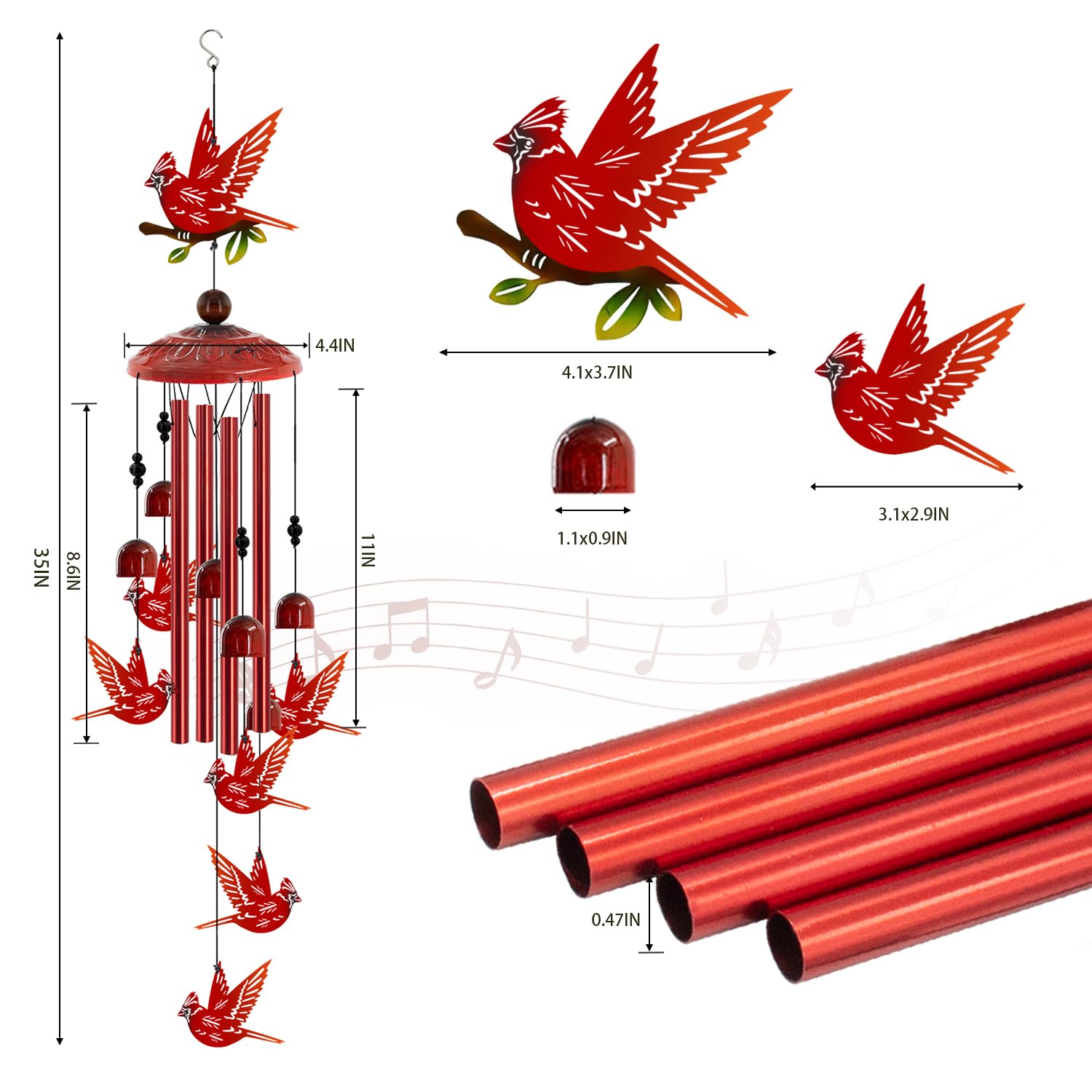 Howarmer Cardinal Wind Chimes crafted from metal withstand outdoor weather while delivering gentle sounds.