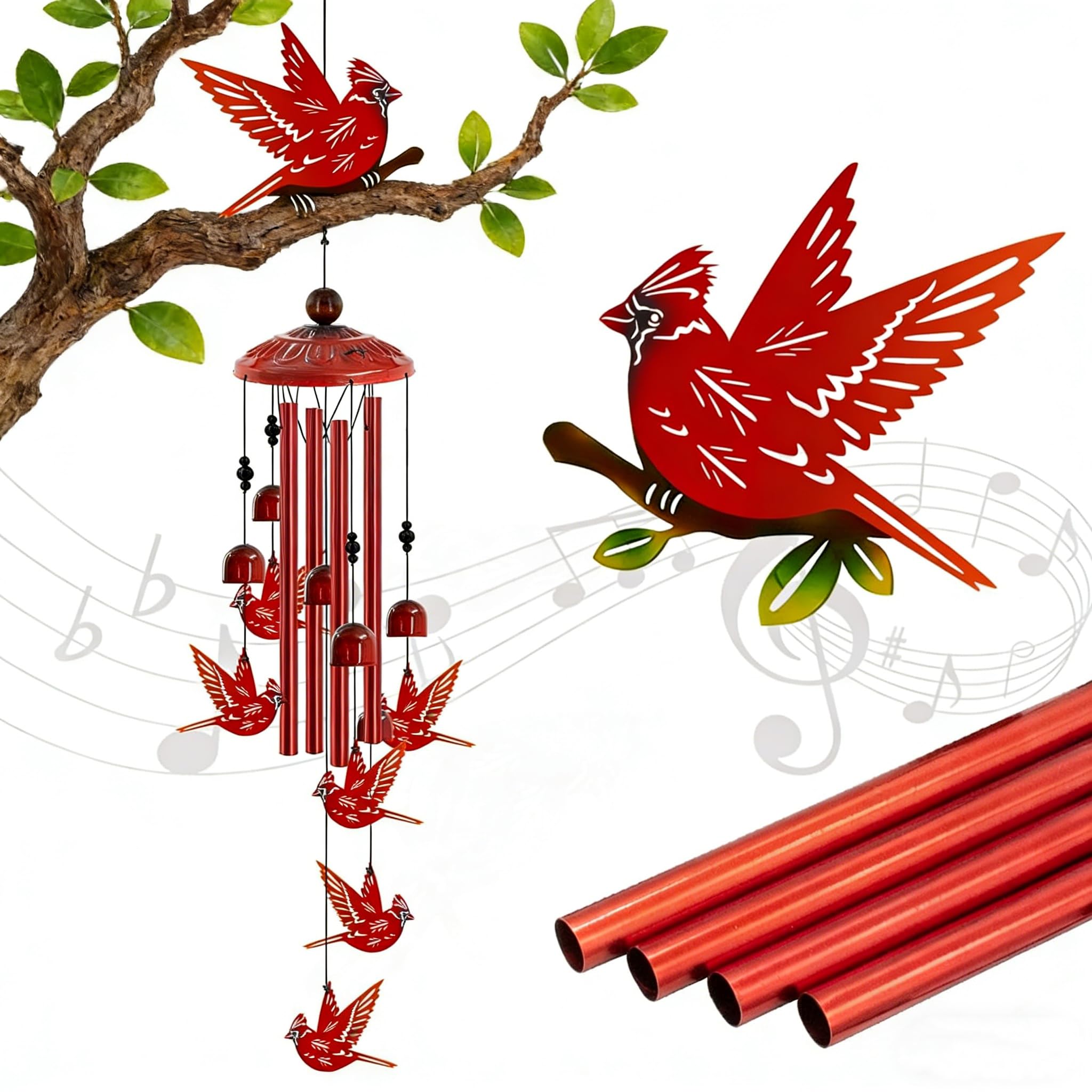 Howarmer Cardinal Wind Chimes top ornament enhances outdoor decor with a welcoming touch.