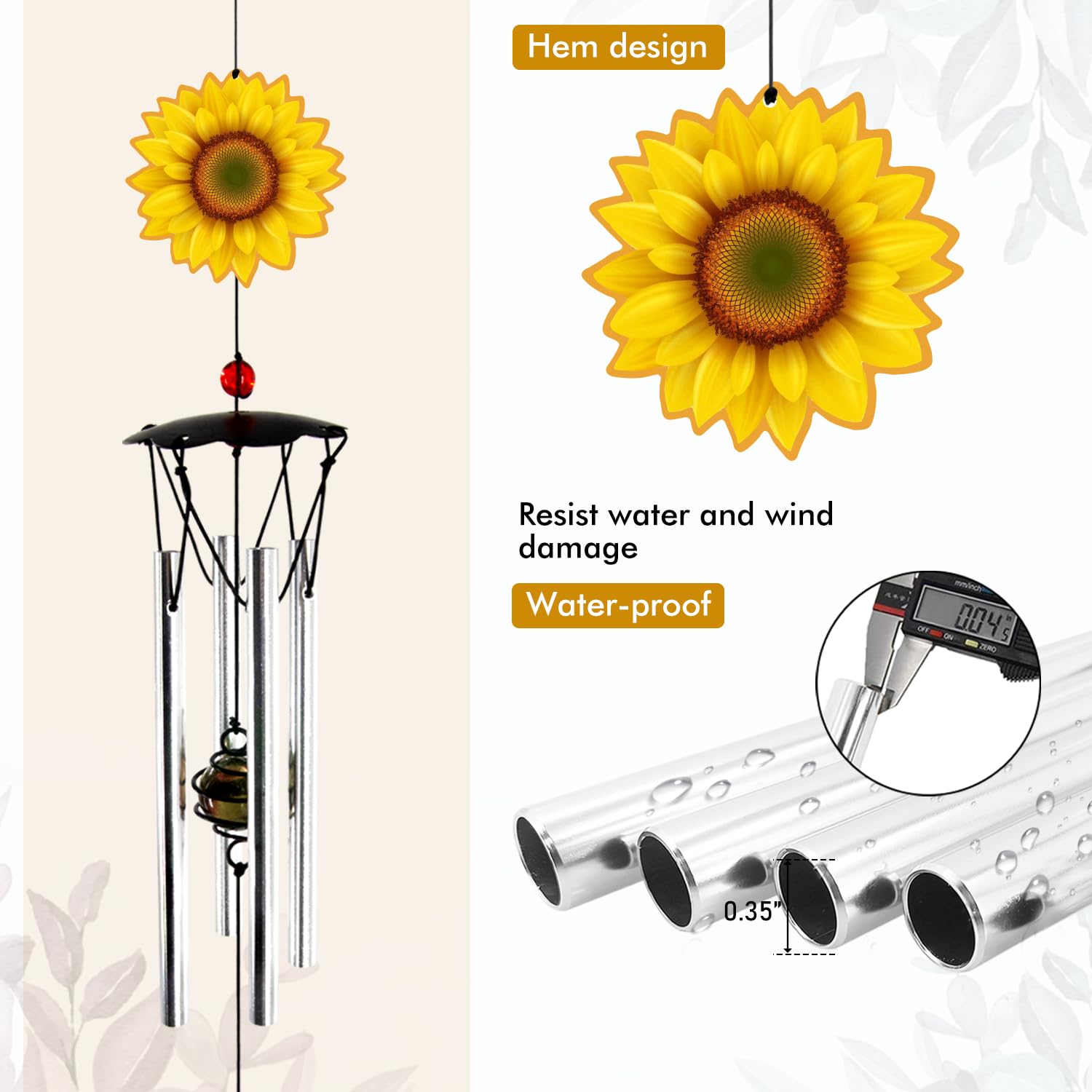 Howarmer outdoor wind chime enhances garden decor with sunflower detail.