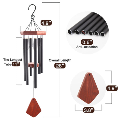 Close-up of Howarmer wind chimes showing six aluminum tubes and beech wood clapper.