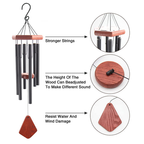 Howarmer wind chimes outdoors hung on a porch creating gentle breeze sound.