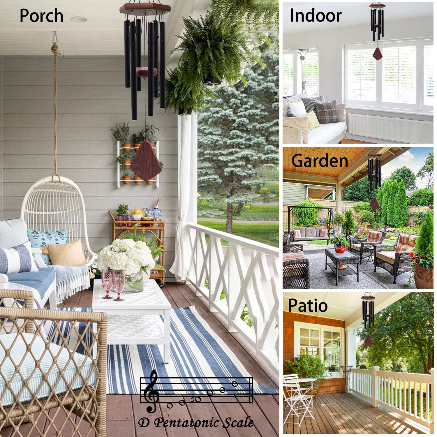Black finish wind chimes by Howarmer enhancing balcony decor.