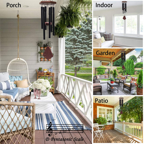 Black finish wind chimes by Howarmer enhancing balcony decor.