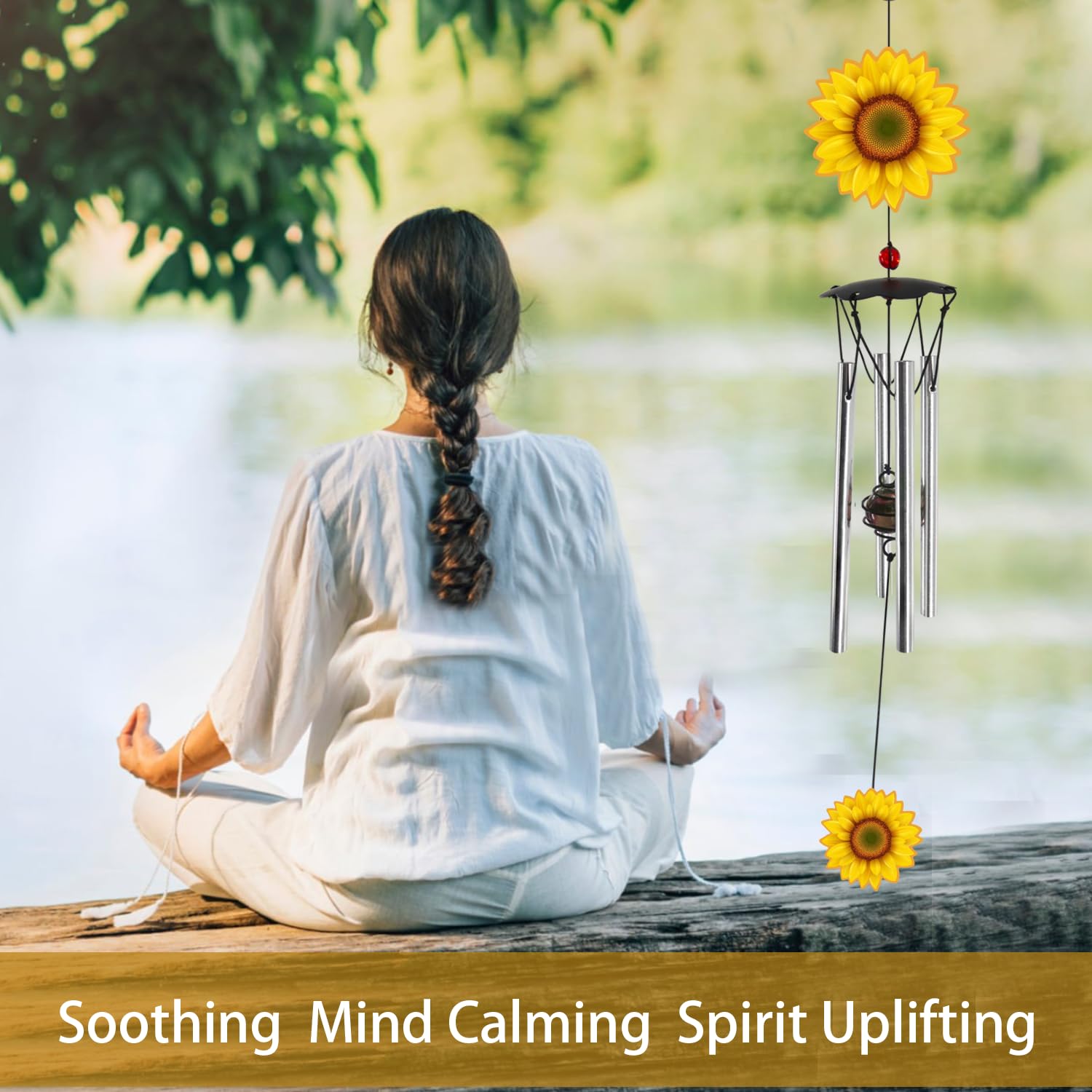 Howarmer wind chime on patio with sunflower theme adds visual movement.