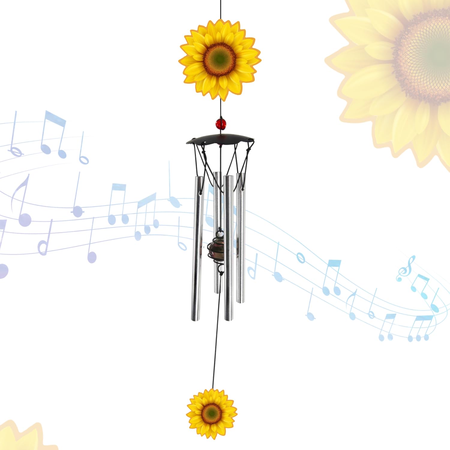 Howarmer wind chime with sunflower design produces clear, soothing tones in a light breeze.