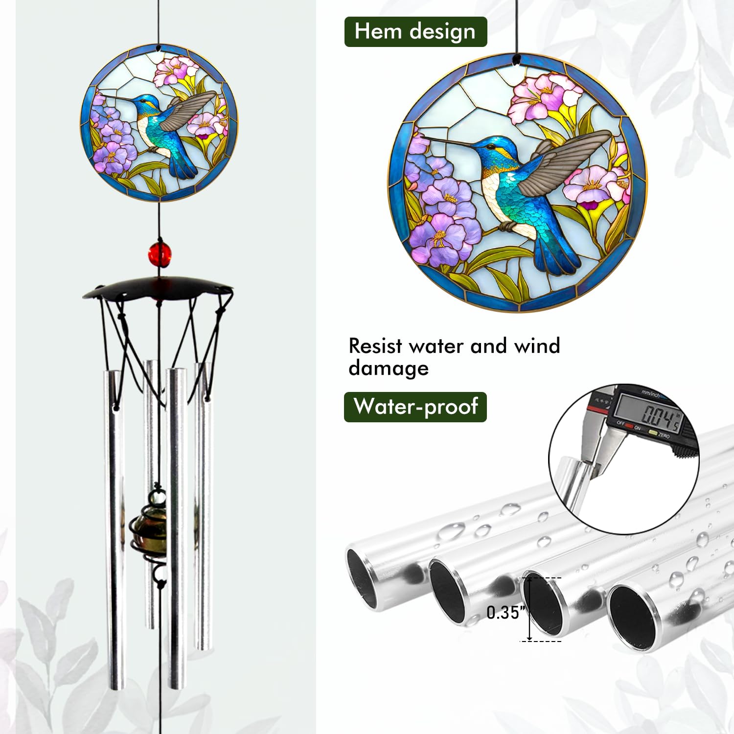 Crystal beads and hummingbird chime provide clearer, brighter tones.