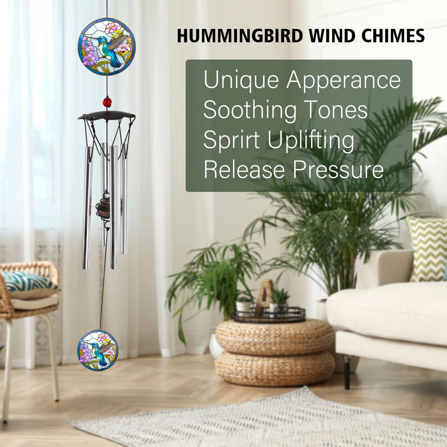 Metal wind catcher with hummingbird motif adds decorative focal point.
