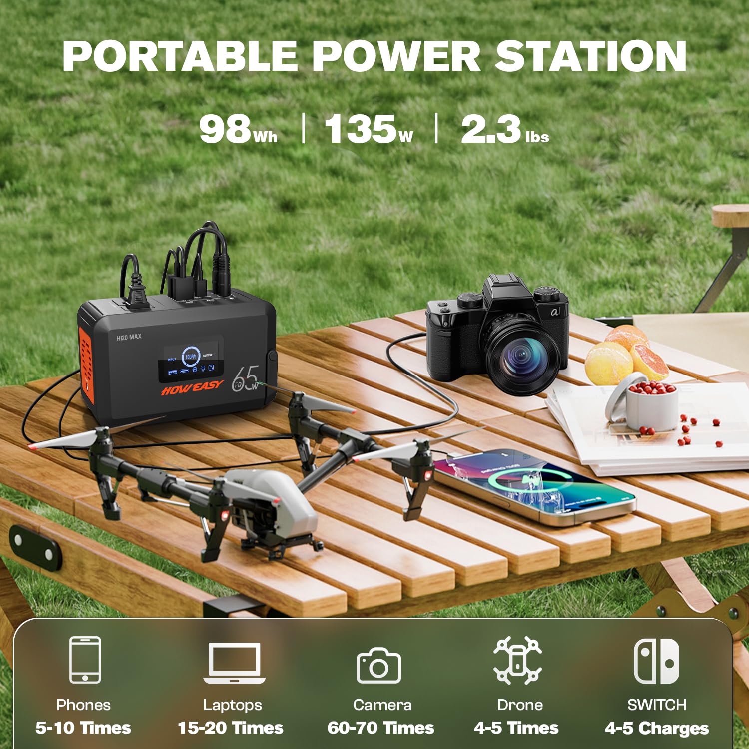 HOWEASY portable 98Wh power station in compact form for camping