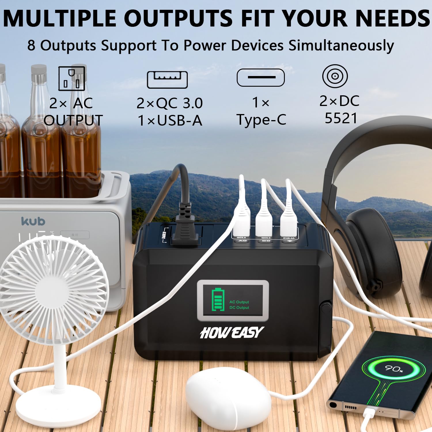 HOWEASY compact power station showing multiple ports for charging