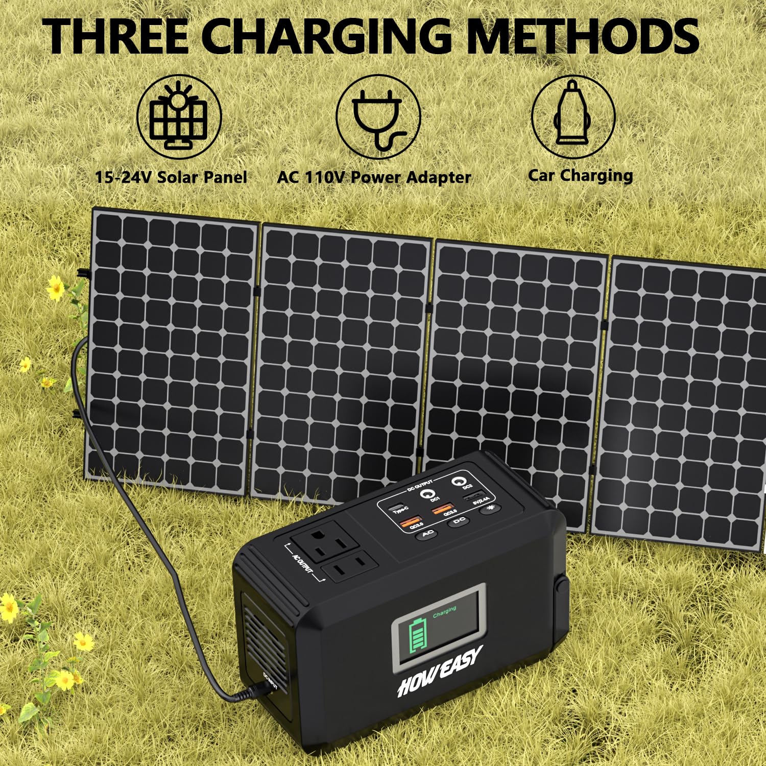 HOWEASY power station demonstrating AC car and solar charging modes