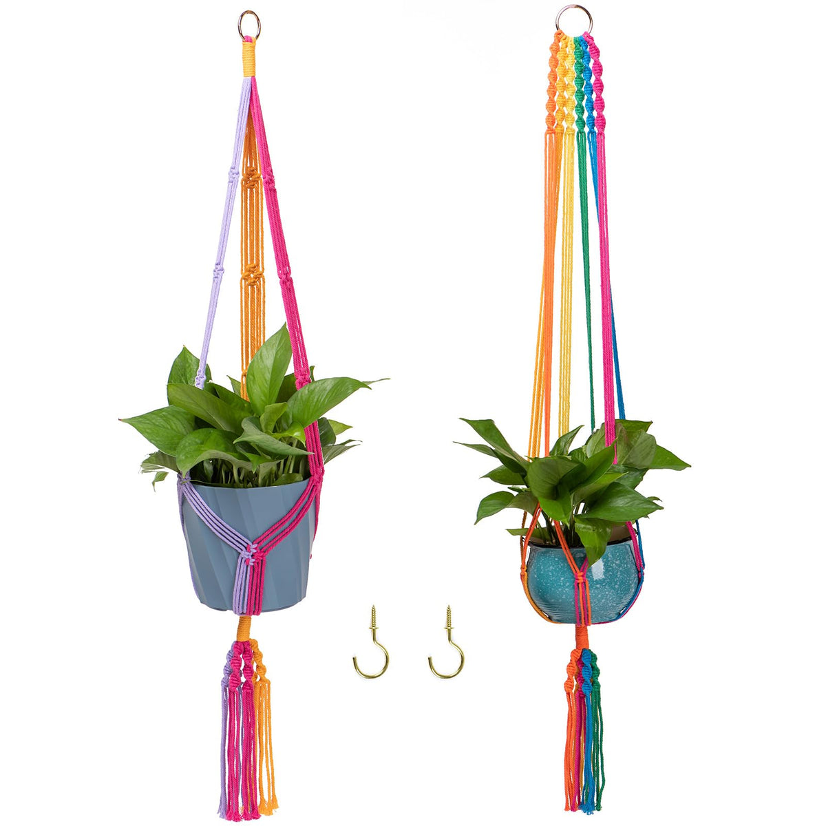 HOWMAX rainbow colorful macrame plant hanger with two hooks, ideal for indoor plant display.
