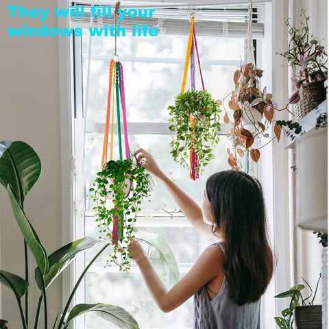 HOWMAX rainbow macrame hanging planter close-up showing craftsmanship and texture.