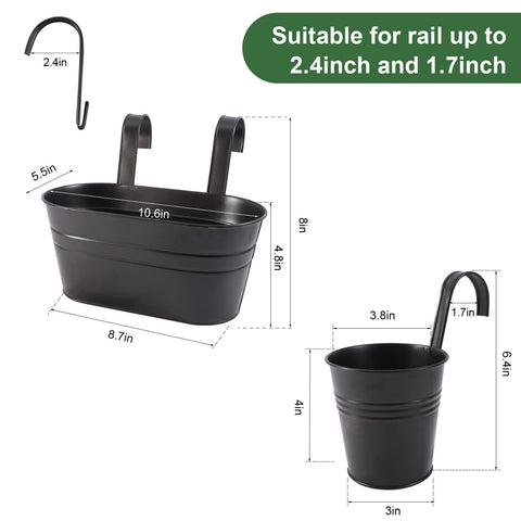 HowRU metal bucket pots hanging with hooks for railing or fence displays.