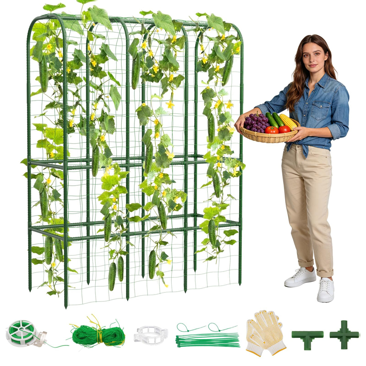Hoyejyou 62-inch cucumber trellis arch supports climbing plants for organized, high-yield growth.