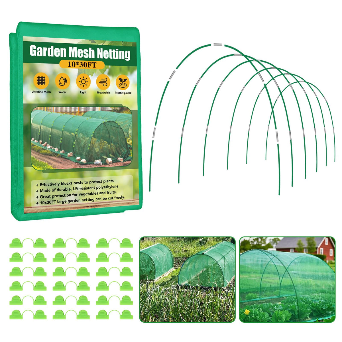 Hoyejyou garden netting kit with 10x30ft mesh protecting vegetables from pests