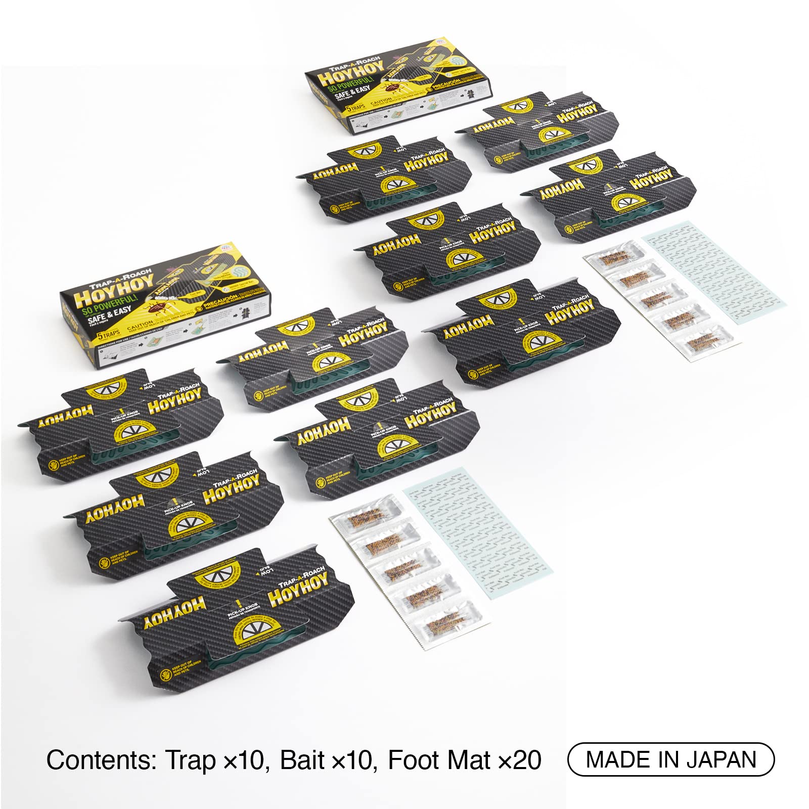 Closeup of HOY HOY Trap A Roach baited glue traps catching roaches