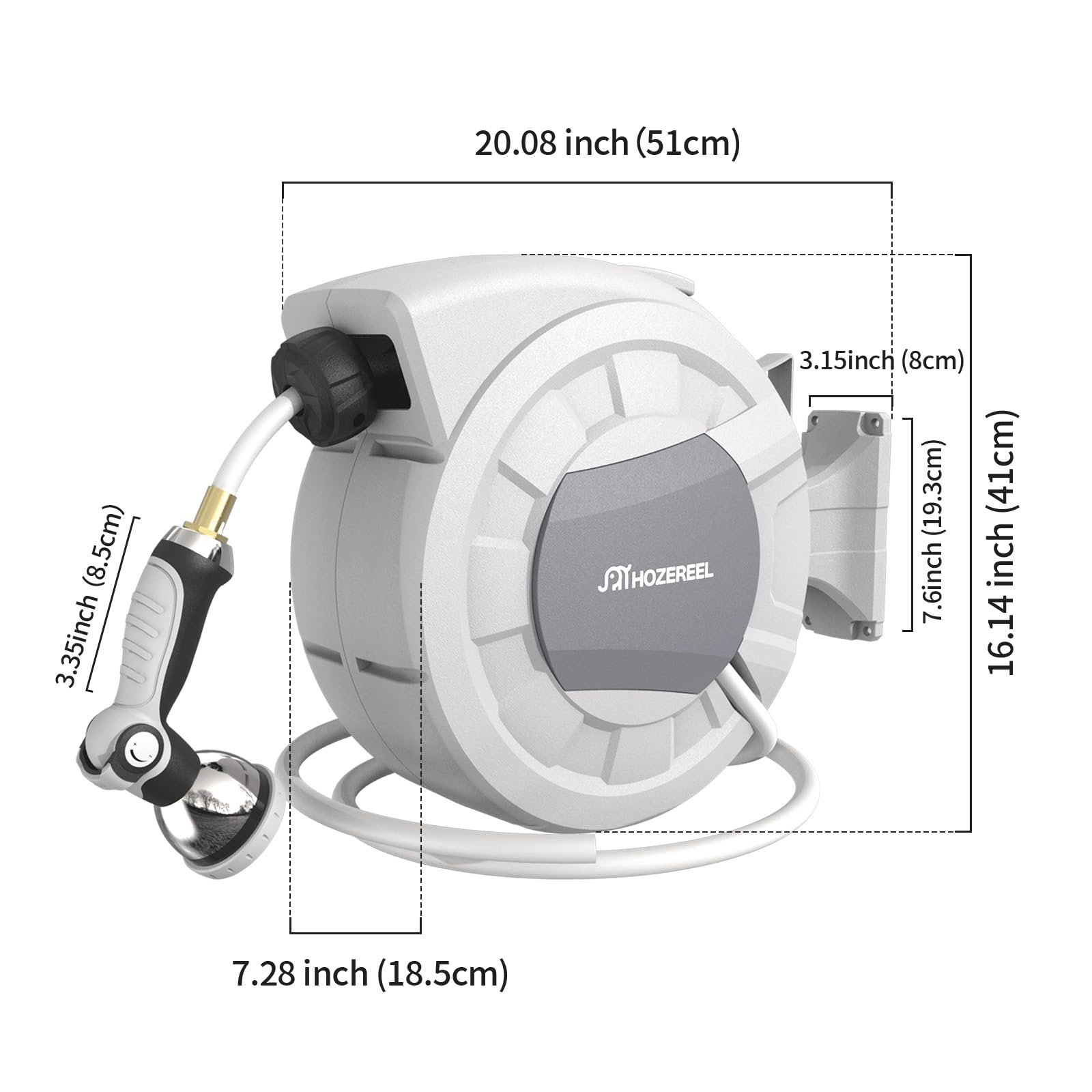 HOZEREEL with a 10-pattern nozzle offers versatile spray options for gardens and edging.