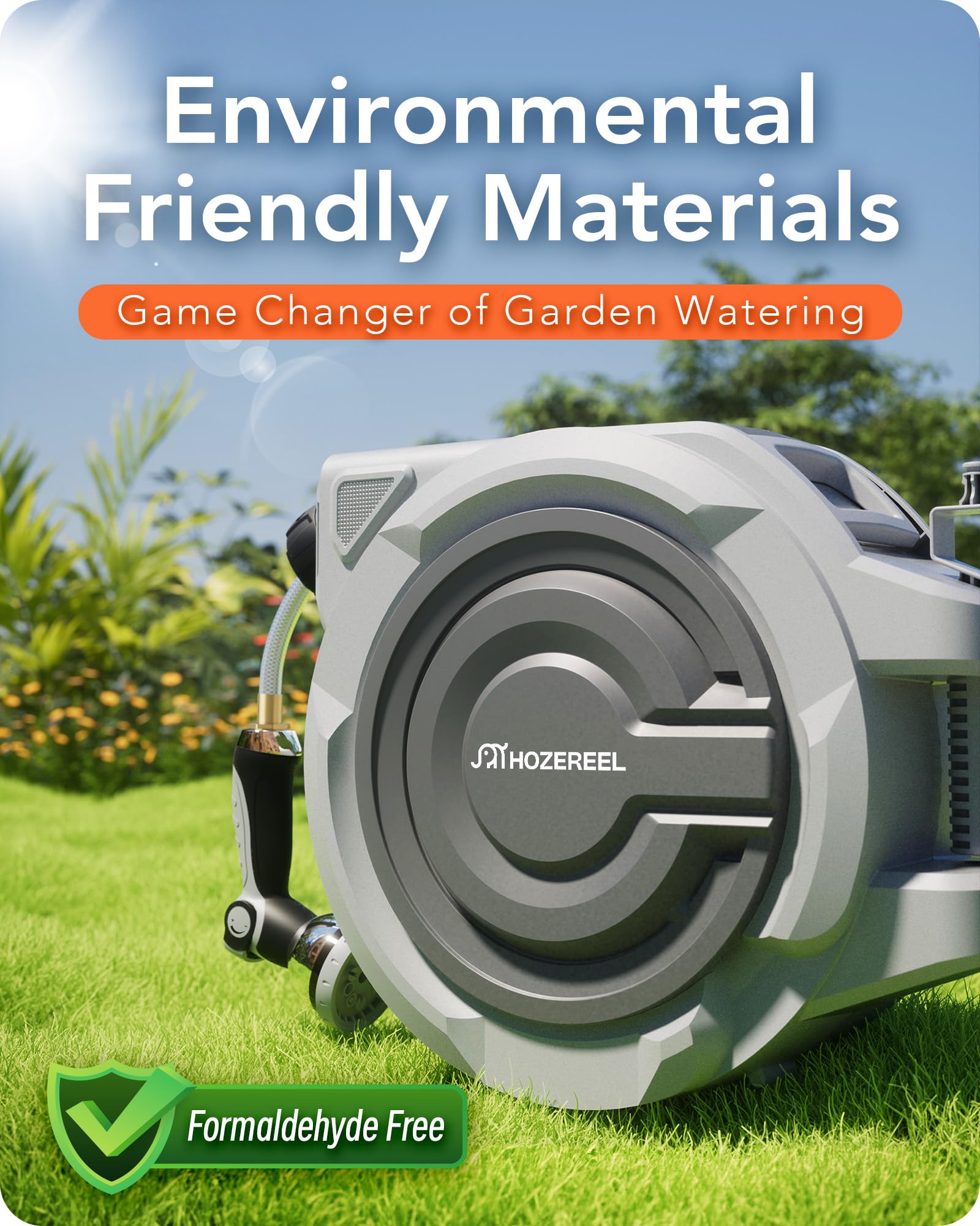 HOZEREEL 10-pattern nozzle offers versatile water flow for plants, patios, or lawns.